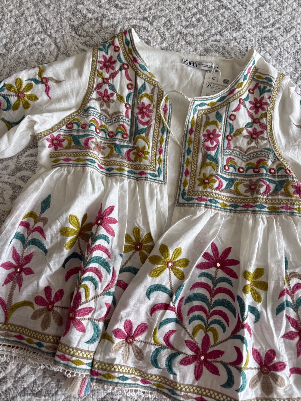 Zara White Embroidered Floral Peasant Blouse - Pink & Teal & Mustard